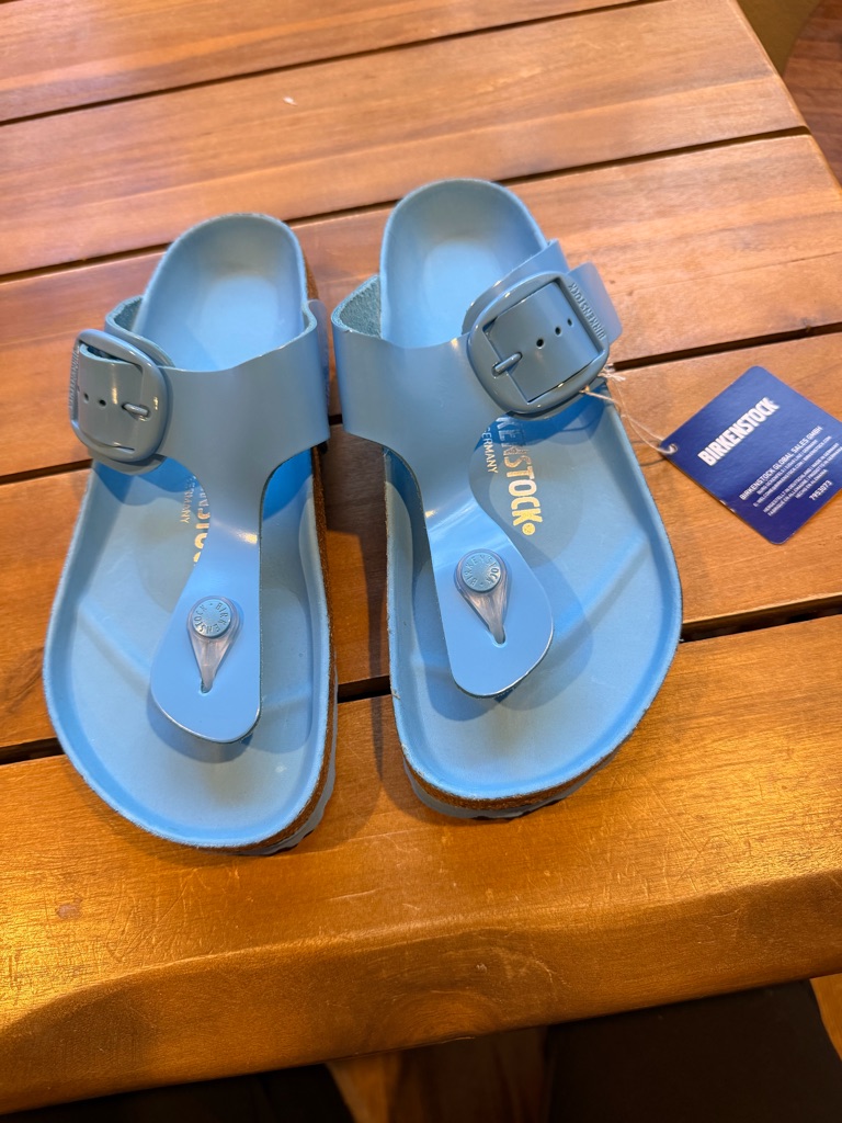 Birkenstock Gizeh Leather And Cork Thong Sandals In Light Blue Size Eu 37